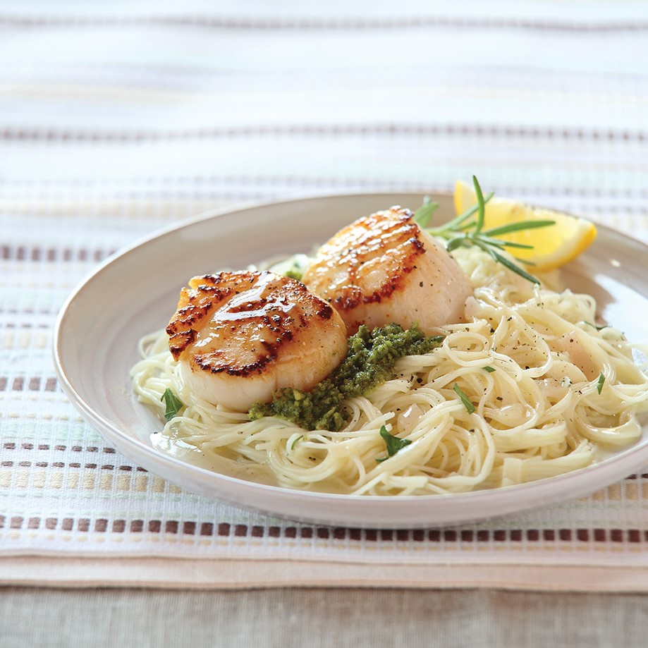 Seared Scallops and Angel Hair Pasta with Rosemary Pesto