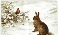 An illustration of a rabbit and a bird in winter.