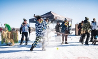 golfing with hockey sticks on ice