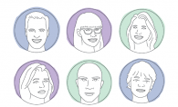 Illustrated portraits of six authors.