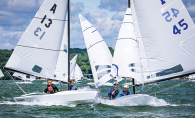 An X-boat sails on Lake Minnetonka during a yacht race.