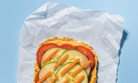 Veggie Sandwich with hummus, cucumber, carrots and tomato.