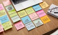 Post-it notes displaying a business plan and other business terms