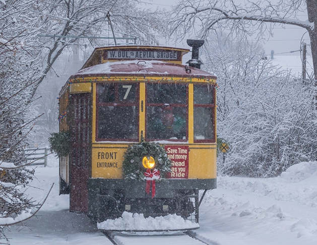 trolley in the snow at Christmas
