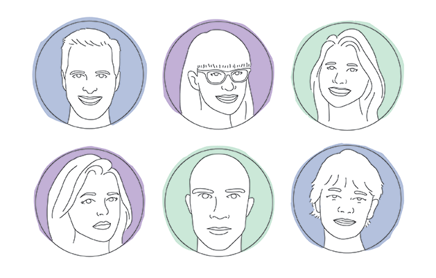 Illustrated portraits of six authors.