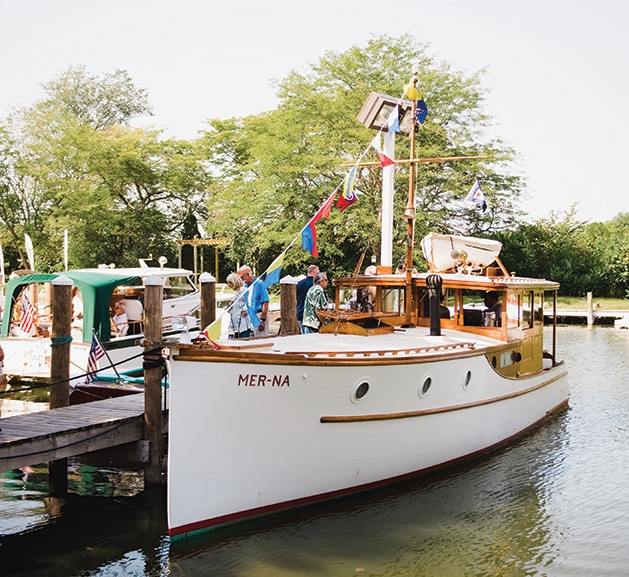 A wooden boat at the Real Runabouts Rendezvous, an event hosted by the Bob Speltz Land-O-Lakes chapter of the Antique and Classic Boat Club.