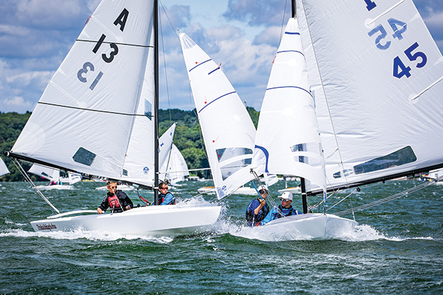 An X-boat sails on Lake Minnetonka during a yacht race.