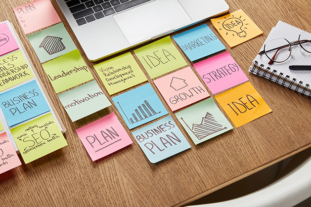 Post-it notes displaying a business plan and other business terms