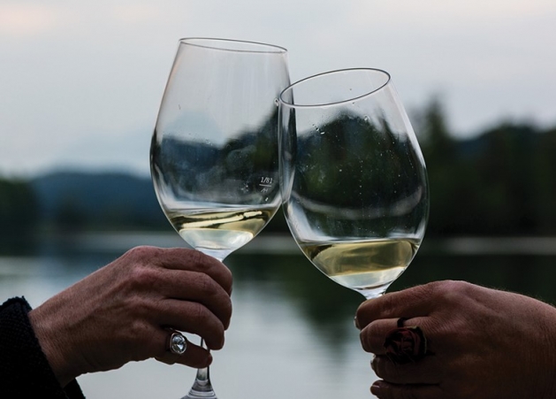 Two hands holding wine glasses.