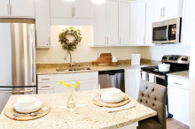 A kitchen in a room at The Waters of Excelsior, a senior living facility.