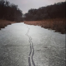 Tracks from someone sliding on the ice in winter boots.