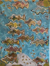 Abstract painting of a school of fish.