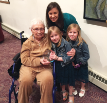 "Grandma" Esther Begman with Candice Ledman and her daughters, with Ledman's Leo Weiss Courage to Teach Award.