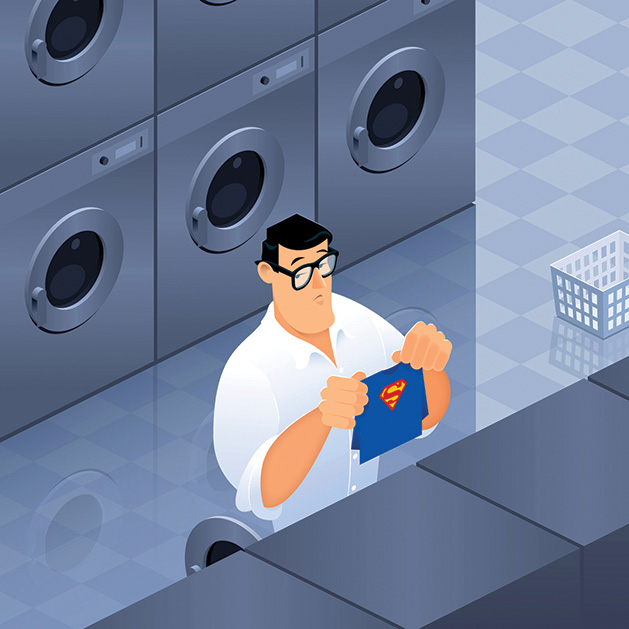 An illustration by Rich Stromwall shows Superman holding his shrunken laundry